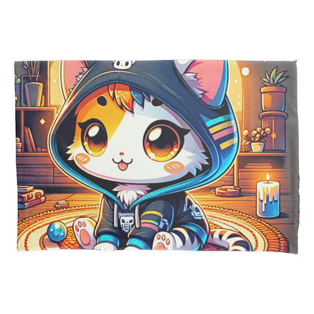 Cosy Gamer Cat  in a Hoodie Pillowcase (Front)