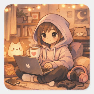 Cosy Gamer Introvert Aesthetic Hoodie Girl Gaming  Square Sticker