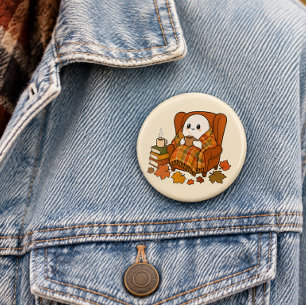 Cosy Ghost in Armchair Pin   Cute Autumn Coffee 