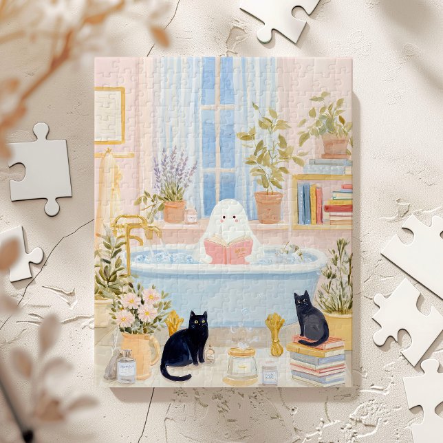 Cosy Ghost Reading in Bubble Bath with Black Cats Jigsaw Puzzle (Creator Uploaded)