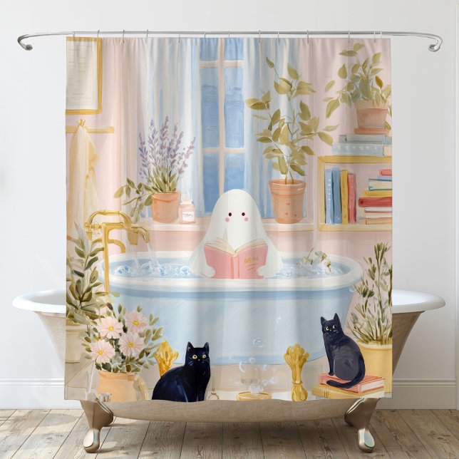 Cosy Ghost Reading in Bubble Bath with Black Cats Shower Curtain (Creator Uploaded)
