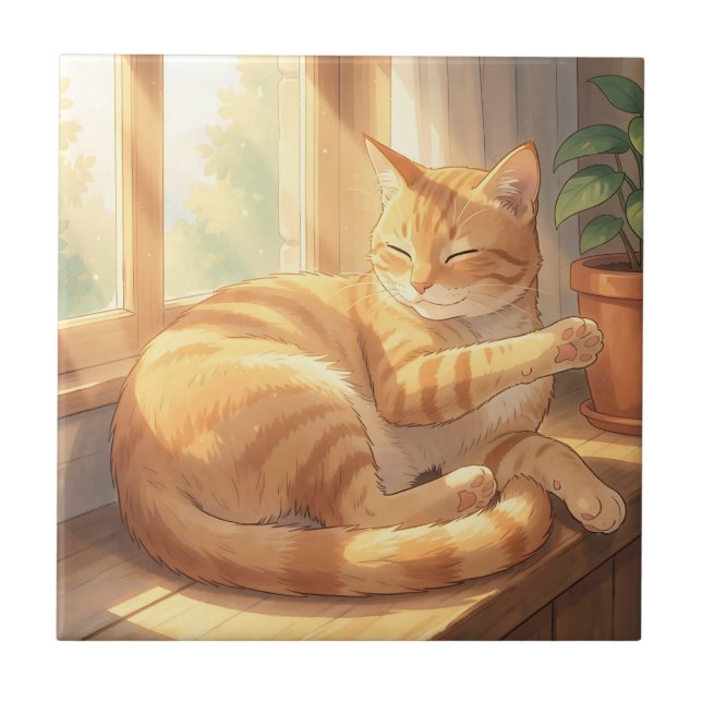 Cosy Ginger Tabby Cat Sunbathing  Ceramic Tile (Front)