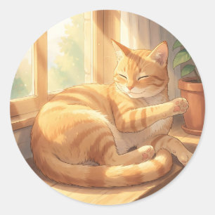 Cosy Ginger Tabby Cat Sunbathing  Classic Round Sticker