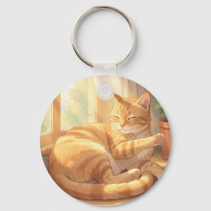 Cosy Ginger Tabby Cat Sunbathing Key Ring