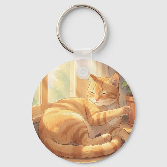 Cosy Ginger Tabby Cat Sunbathing  Key Ring (Front)