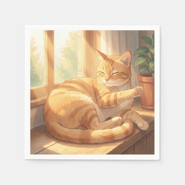 Cosy Ginger Tabby Cat Sunbathing  Napkin (Front)