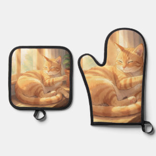 Cosy Ginger Tabby Cat Sunbathing Oven Mitt & Pot Holder Set