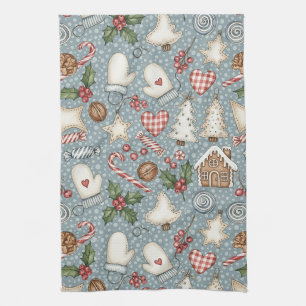 Cosy Gingerbread Christmas with Candy Canes Tea Towel