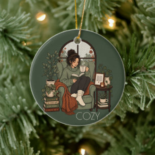 Cosy Girl Coffee Books Rainy Days Vintage Design Ceramic Ornament