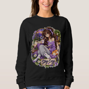 Cosy Girl Reading Cat Book Lover Sweatshirt