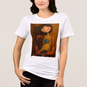 Cosy Girl with Black Cat and Coffee- Whimsical tee