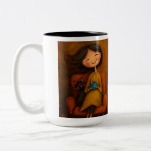 Cosy Girl with Black Cat and Coffee- Whimsical tee Two-Tone Coffee Mug