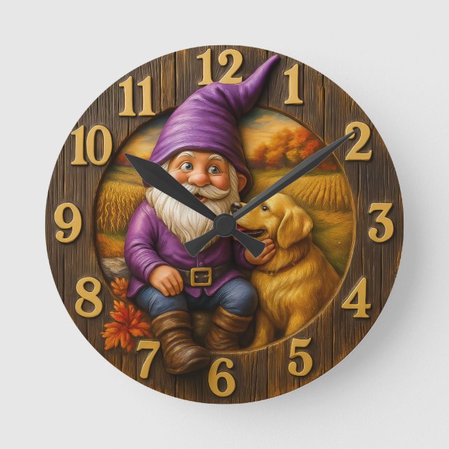 Cosy gnome & dog autumn  round clock (Front)