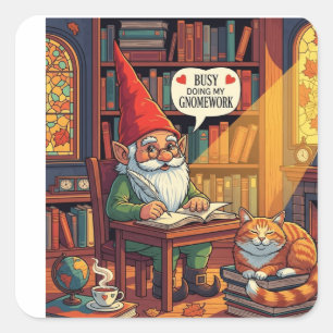 Cosy gnome doing his gnomework square sticker