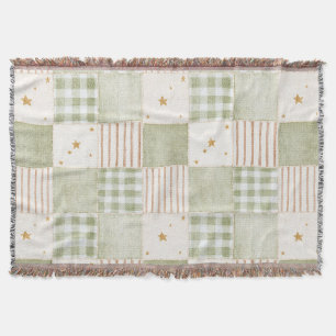 Cosy Gold Mint Green Stars Stripes Patches Throw Blanket