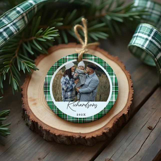 Cosy Green and Mint Plaid fabric Family Photo Ceramic Ornament (Cozy Green and Mint Plaid fabric Family Photo Ceramic Ornament)