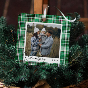 Cosy Green and White Plaid fabric Family Photo Metal Tree Decoration