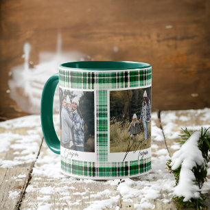 Cosy Green and White Plaid fabric Family Photos Mug