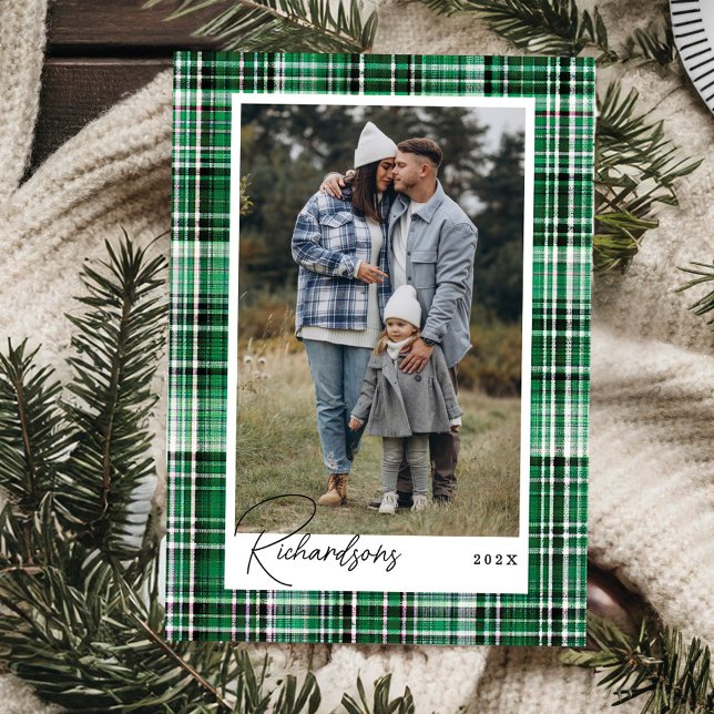 Cosy Green and White Plaid Flannel Family Photo Holiday Card (Cozy Green and White Plaid Flannel Family Photo Holiday Card)