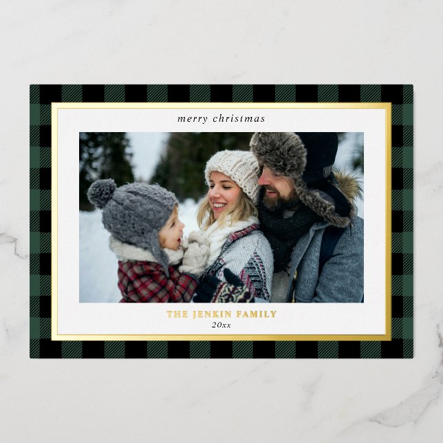 Cosy Green Black Plaid Border 3 Photos Christmas Foil Holiday Card (Front)
