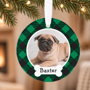 Cosy Green Buffalo Plaid Christmas Dog Photo Name Ornament