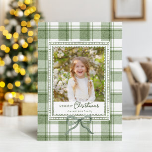 Cosy Green Christmas Watercolor Plaid w/Bow Photo Holiday Card