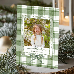 Cosy Green Christmas Watercolor Plaid w/Bow Photo Holiday Card