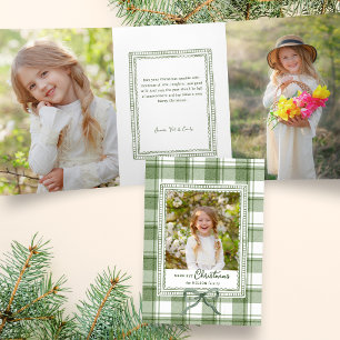 Cosy Green Christmas Watercolor Plaid w/Bow Photo Tri-Fold Holiday Card