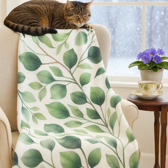 Cosy Green Eucalyptus Leaves   Fleece Blanket (Cozy up with nature eucalyptus fleece blanket brings warmth and calm to snowy winter days.)