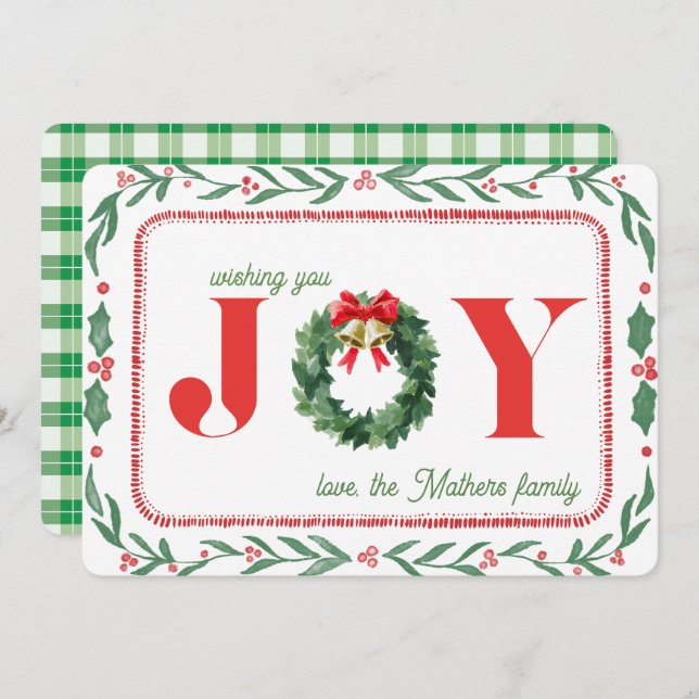 Cosy Green Plaid Christmas Joy Holiday Card (Front/Back)