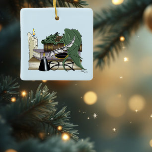 Cosy Green Whimsical Sleeping Dragon Book Lover Ceramic Ornament