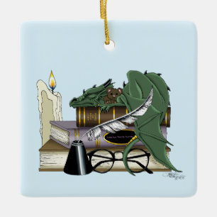 Cosy Green Whimsical Sleeping Dragon Book Lover Ceramic Ornament