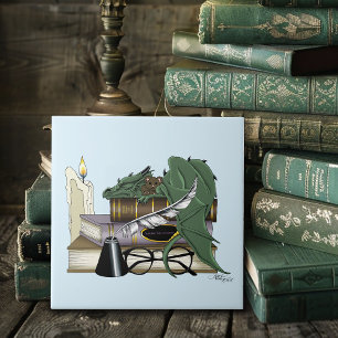 Cosy Green Whimsical Sleeping Dragon Book Lover Ceramic Tile