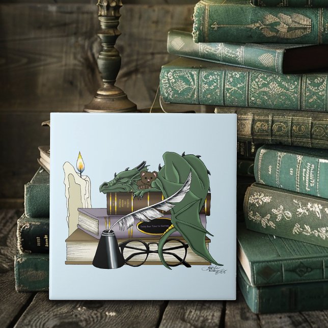 Cosy Green Whimsical Sleeping Dragon Book Lover Ceramic Tile (Creator Uploaded)