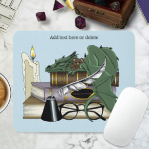 Cosy Green Whimsical Sleeping Dragon Book Lover Mouse Pad