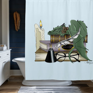 Cosy Green Whimsical Sleeping Dragon Book Lover Shower Curtain