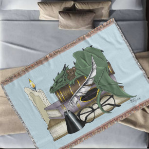 Cosy Green Whimsical Sleeping Dragon Book Lover Throw Blanket