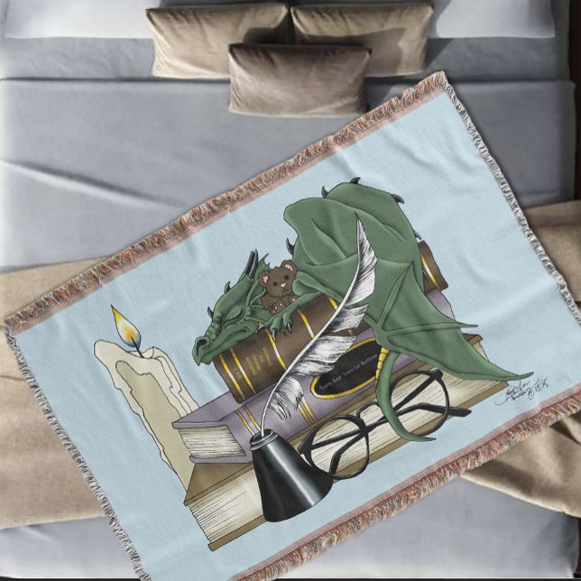 Cosy Green Whimsical Sleeping Dragon Book Lover Throw Blanket (Creator Uploaded)