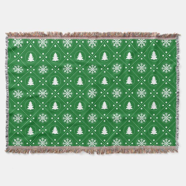 Cosy Green White Snowflakes Christmas Trees Design Throw Blanket (Front)
