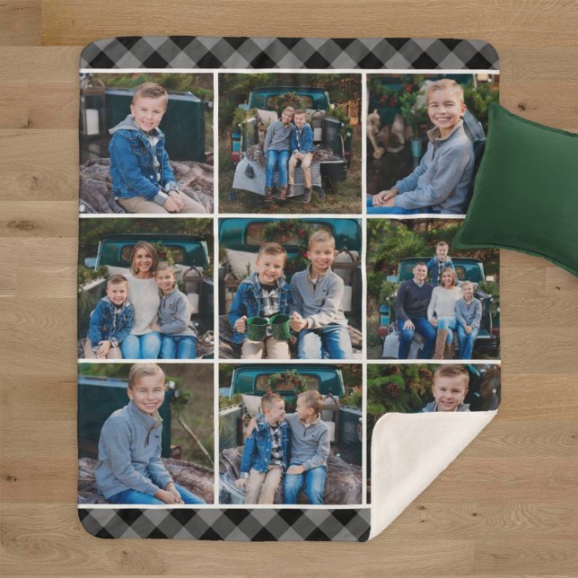 Cosy Grey Buffalo Plaid Holiday Photo Collage Sherpa Blanket (Creator Uploaded)