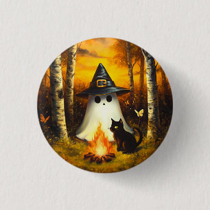 Cosy Halloween Ghost & Black Cat Campfire Art 3 Cm Round Badge