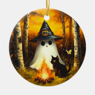 Cosy Halloween Ghost & Black Cat Campfire Art Ceramic Ornament