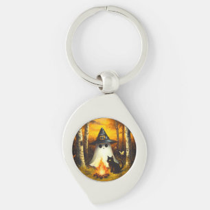 Cosy Halloween Ghost & Black Cat Campfire Art Key Ring