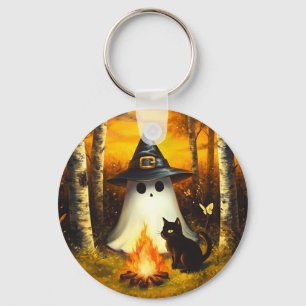 Cosy Halloween Ghost & Black Cat Campfire Art Key Ring