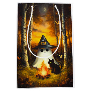 Cosy Halloween Ghost & Black Cat Campfire Art Medium Gift Bag