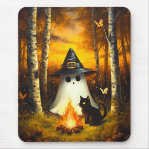 Cosy Halloween Ghost & Black Cat Campfire Art Mouse Pad