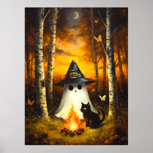 Cosy Halloween Ghost & Black Cat Campfire Art Poster