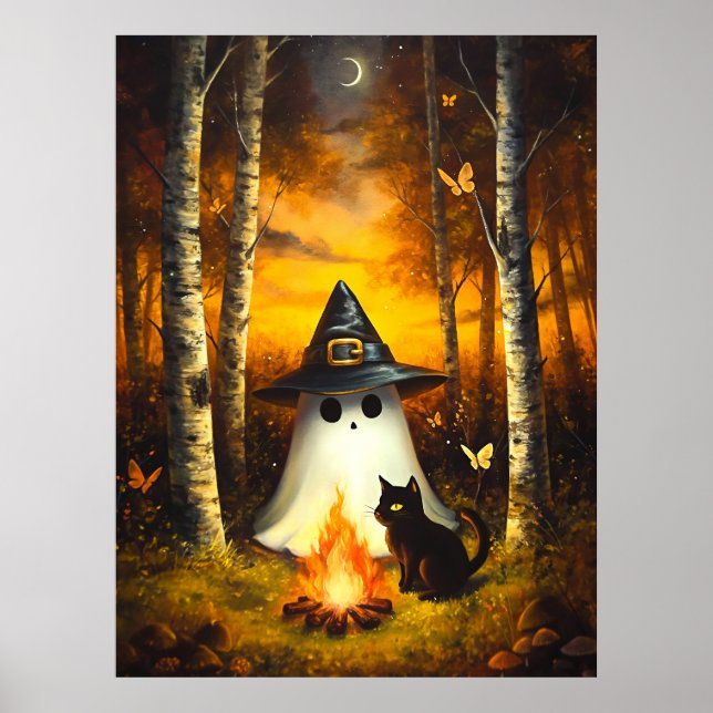 Cosy Halloween Ghost & Black Cat Campfire Art Poster (Front)