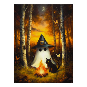 Cosy Halloween Ghost & Black Cat Campfire Art Poster