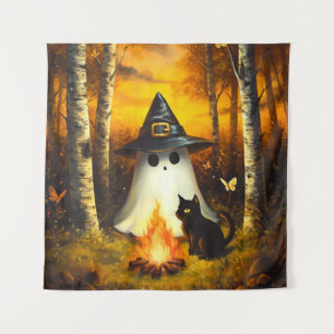 Cosy Halloween Ghost & Black Cat Campfire Art Tapestry